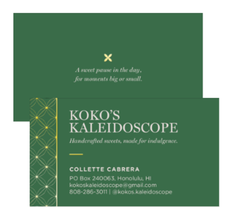 Koko's Kaleidoscope business card for Collette Cabrera in deep green and gold