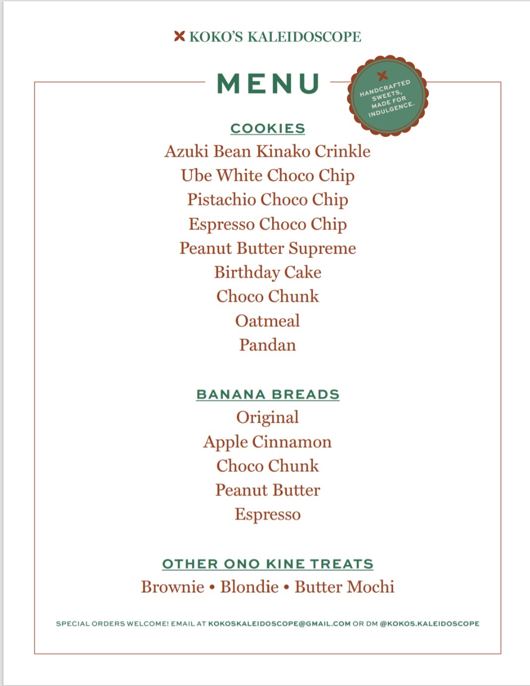 Printed Koko's Kaleidoscope menu listing cookie, banana bread and ono kine treat flavors